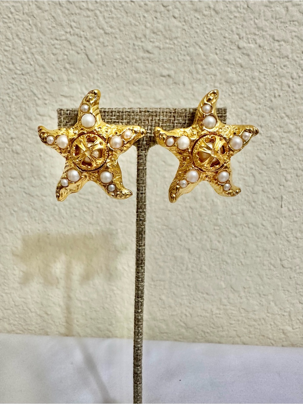 Vintage Gold Plated Starfish Pearl Accent Earrings